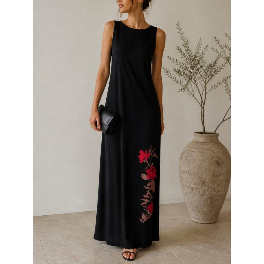 100% Silk Vintage Valerie Stevens Petites Black Maxi Dress Floral Accent PM 90s